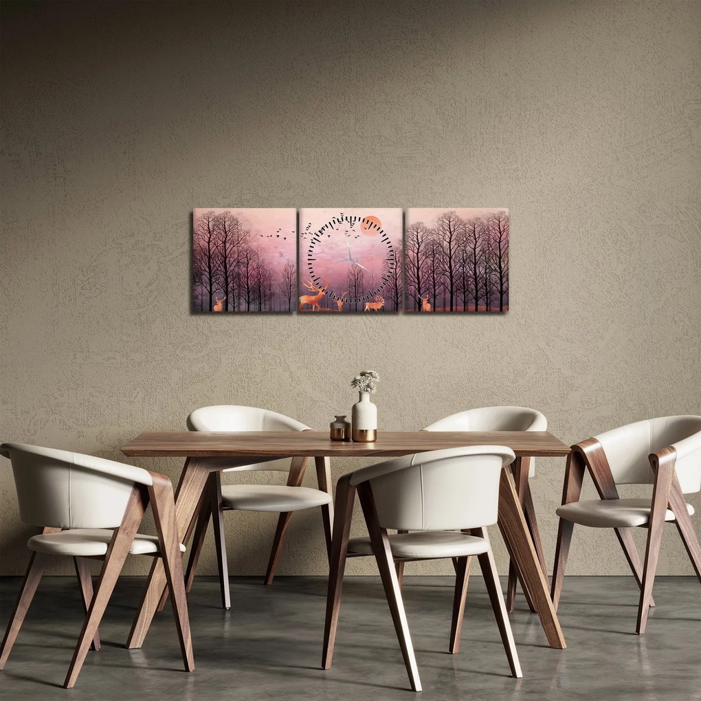Tablou - Căprioare în strălucirea apusului de soare (cu ceas) (90x30 cm)