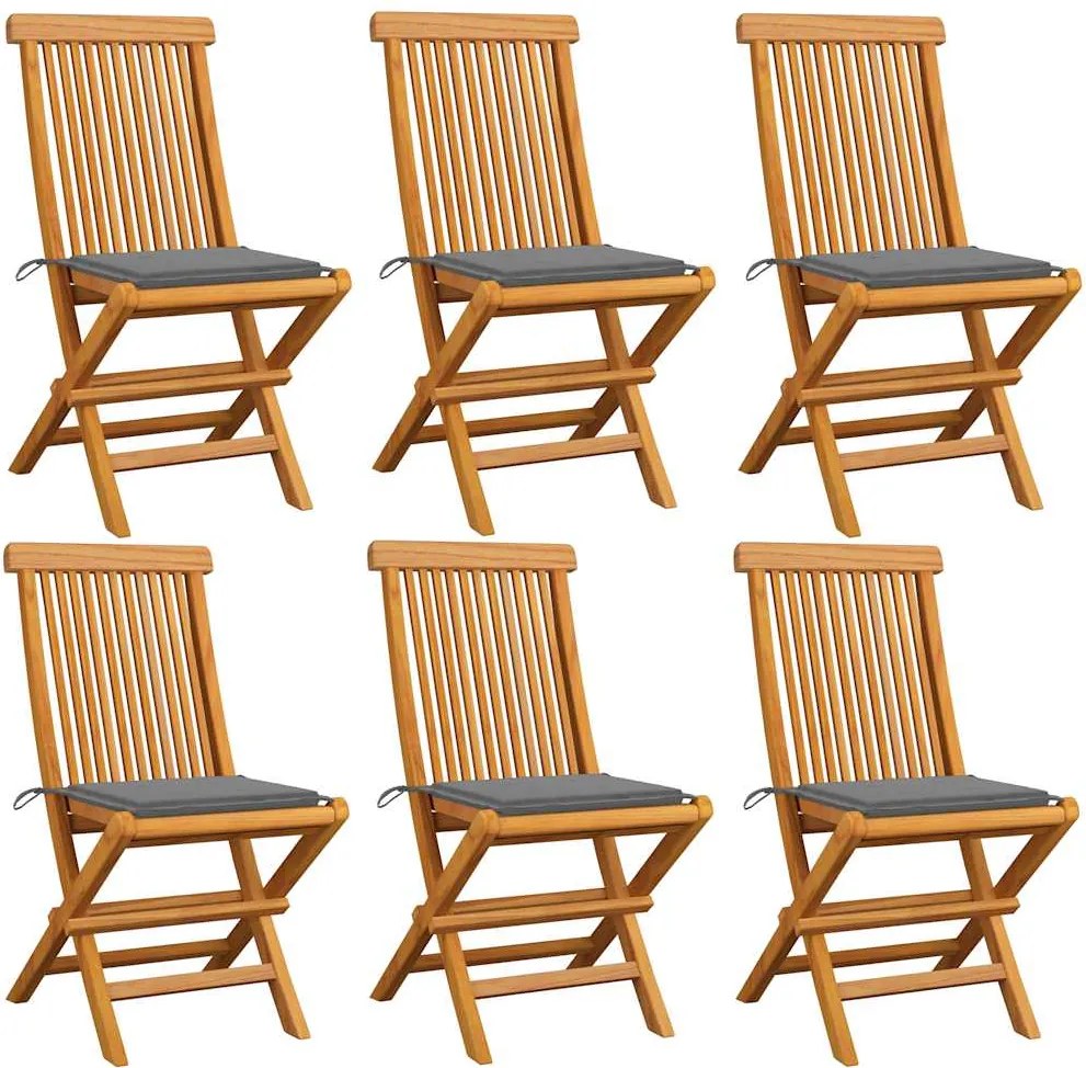 vidaXL Scaune de grădină cu perne gri, 6 buc., lemn masiv de tec