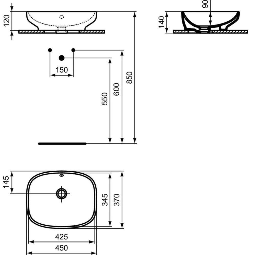 Lavoar pe blat alb 45 cm, dreptunghiular, cu preaplin, Ideal Standard i.Life B 450x370 mm