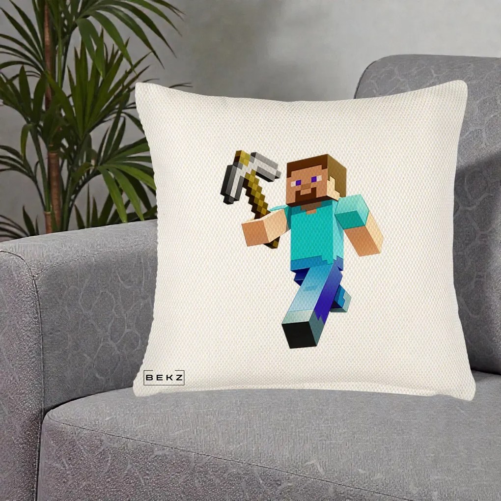 Perna Personalizata Minecraft Steve cu Tarnacop, 40x40 cm, Crem Reliefat, Husa Detasabila, Perna Inclusa, BEKZ®