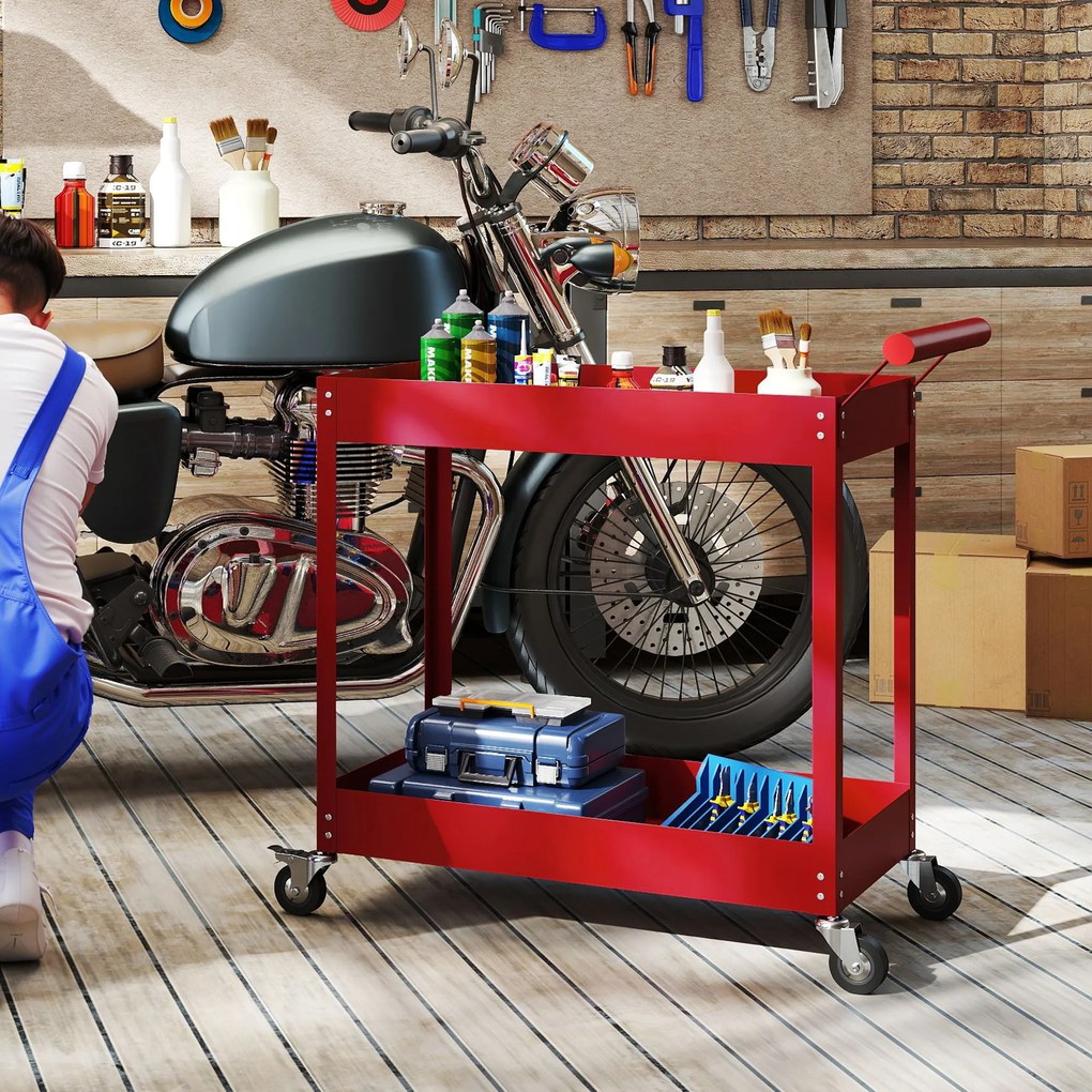 DURHAND Cărucior de atelier servantă atelier cu 2 niveluri, mâner lateral și roți blocabile, 84,5x38x84cm, roșu | Aosom Romania
