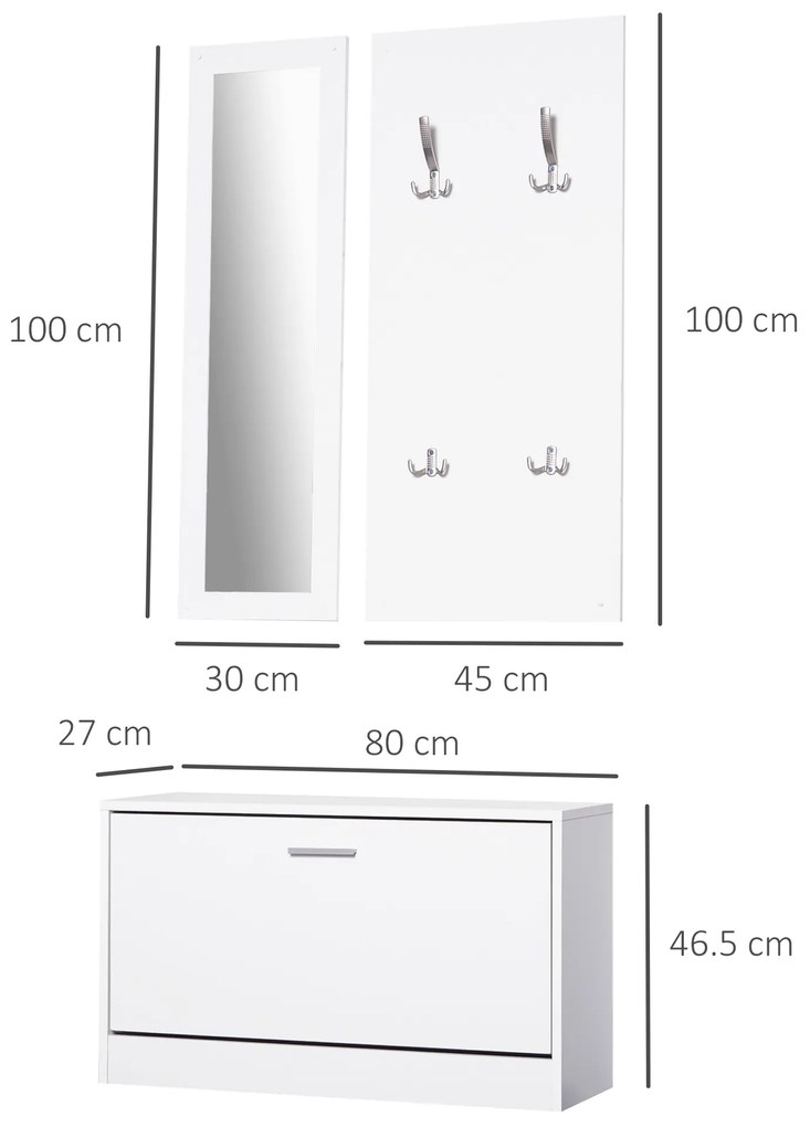 HOMCOM Set 3 Piese Suport pantofi Suport haine Oglinda pentru Hol sau Dormitor, din Lemn, 80x27x46,5cm, Alb | Aosom Romania