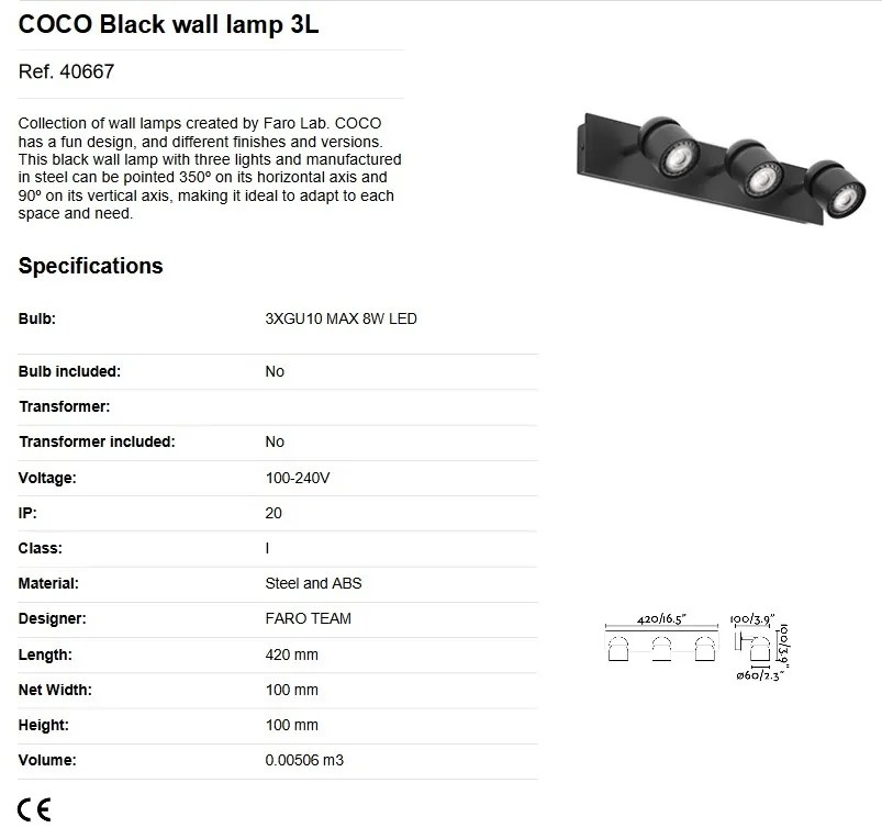 Aplica cu 3 spoturi directionabile design minimalist COCO neagra