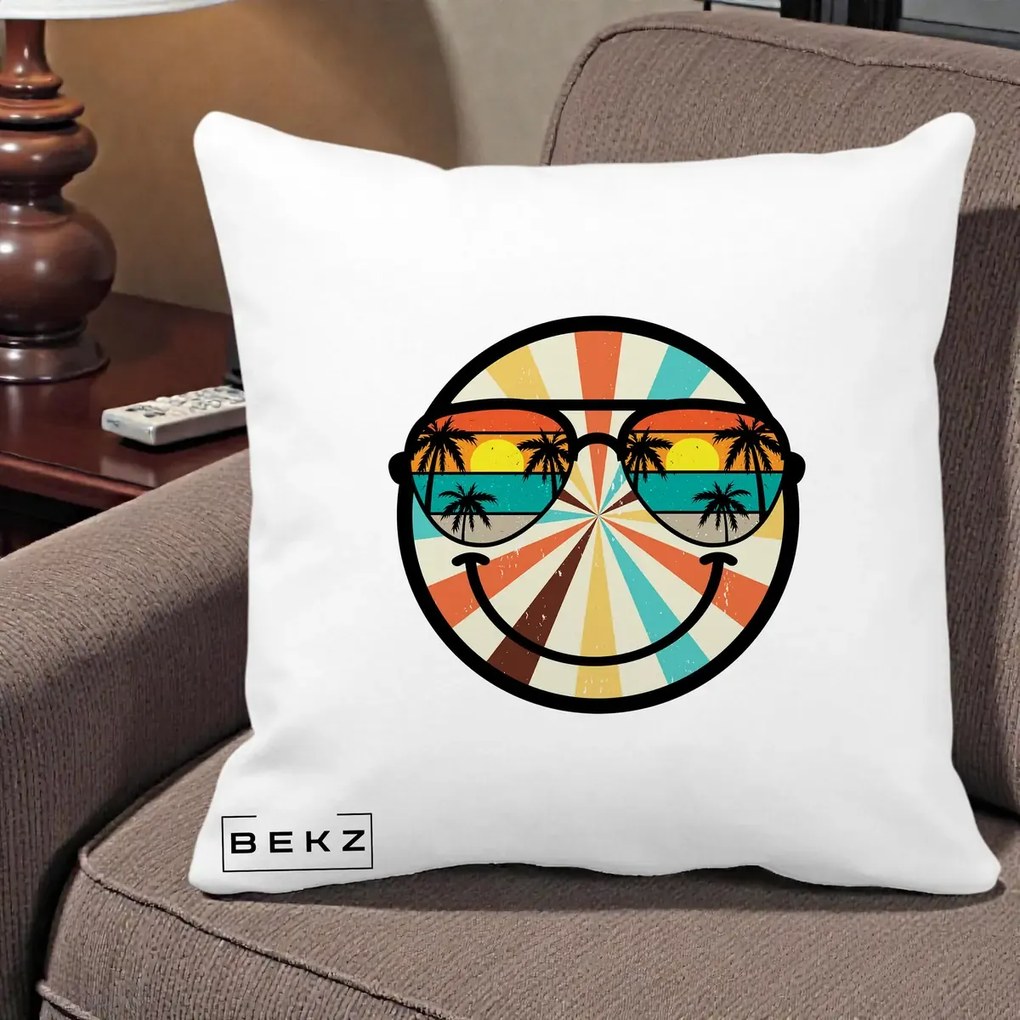 Perna Decorativa Smiley Face Retro Sunset Palmieri, 40x40 cm, Alba Mata, Husa Detasabila, Perna Inclusa, BEKZ®