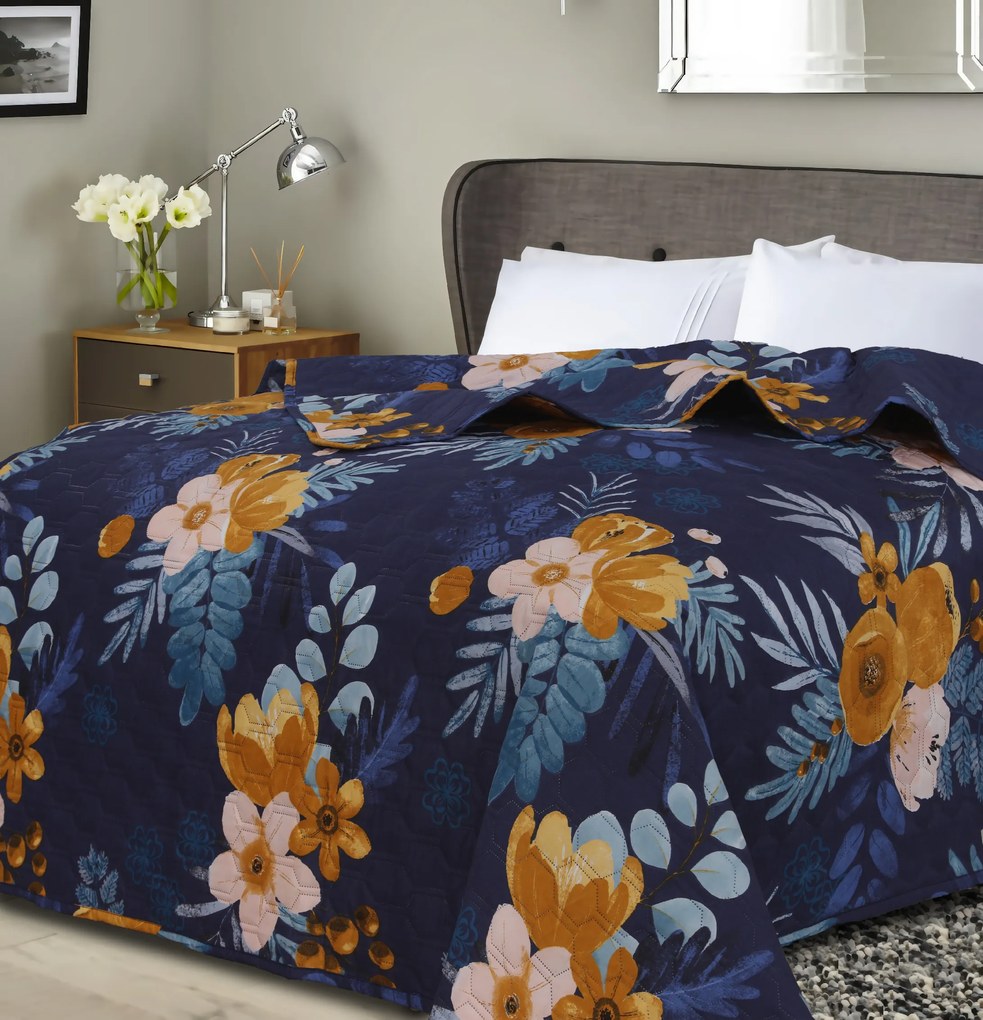 Cuvertura de pat cu model FLOWERISH HEXAGON, albastru inchis Dimensiune: 170 x 220 cm