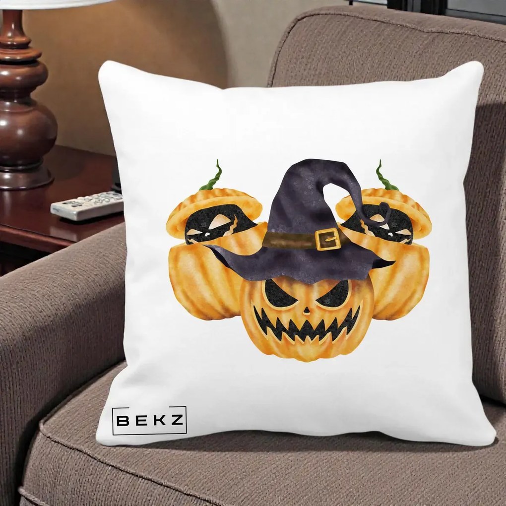 Perna Decorativa Trio Dovleci Jack-o-Lantern cu Palarie Vrajitoare, 40x40 cm, Alba Mata, Husa Detasabila, Perna Inclusa, BEKZ®