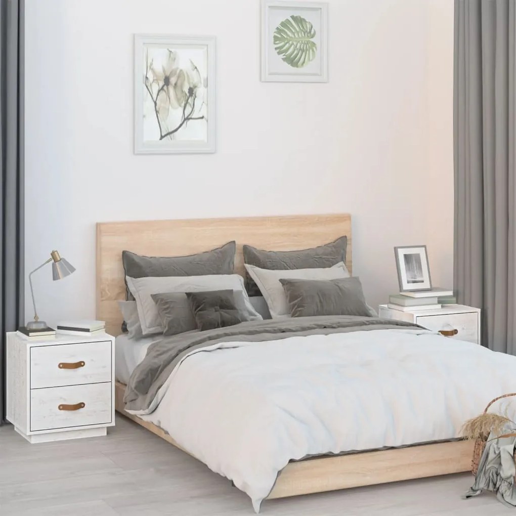 vidaXL Noptiere, 2 buc., alb, 40x34x45 cm, lemn masiv de pin