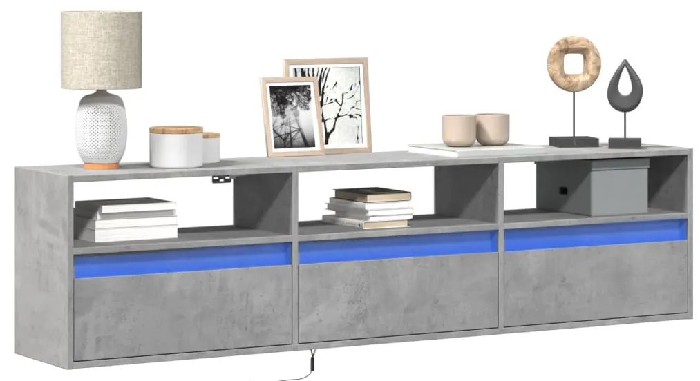 vidaXL Comodă TV de perete cu lumini LED, gri beton, 180x31x45 cm