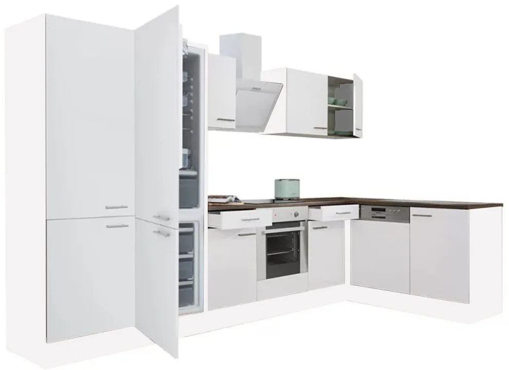 Dulap de bucătărie de colț Yorki 340, corp alb, față alb satinat, element cuptor inferior, dulap cu raft, frigider congelator inferior