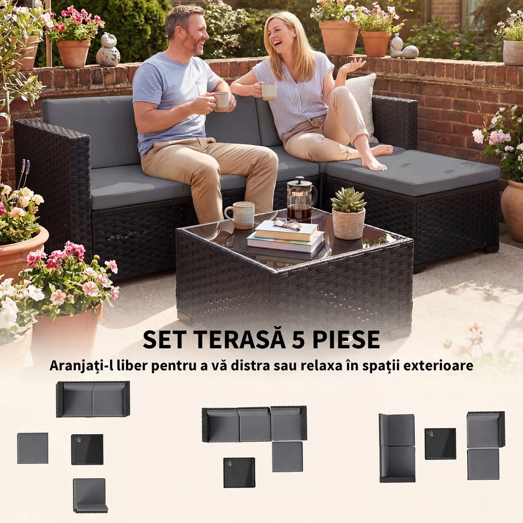 Outsunny Set Modular de Grădină din Rattan cu Perne, Canapea de Colț Gri, 5 Piese | Aosom Romania