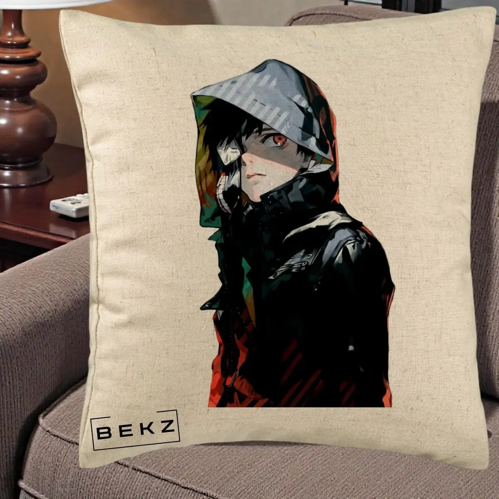 Perna Personalizata Tokyo Ghoul Ken Kaneki cu Masca si Gluga, 40x40 cm, Bej, Husa Detasabila, Perna Inclusa, BEKZ®