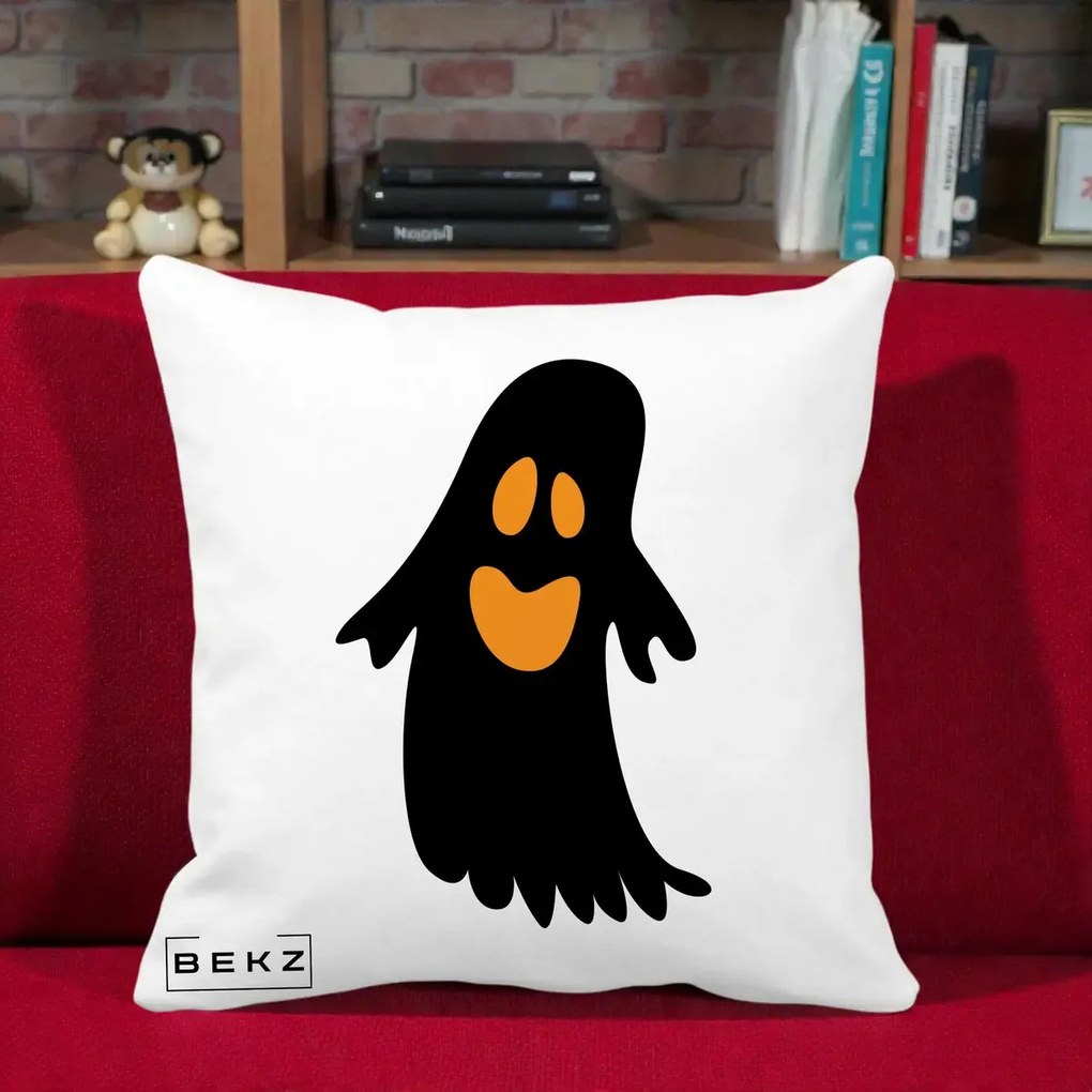 Perna Decorativa Halloween Fantoma Neagra cu Ochi Portocalii, 40x40 cm, Alba Mata, Husa Detasabila, Perna Inclusa, BEKZ®