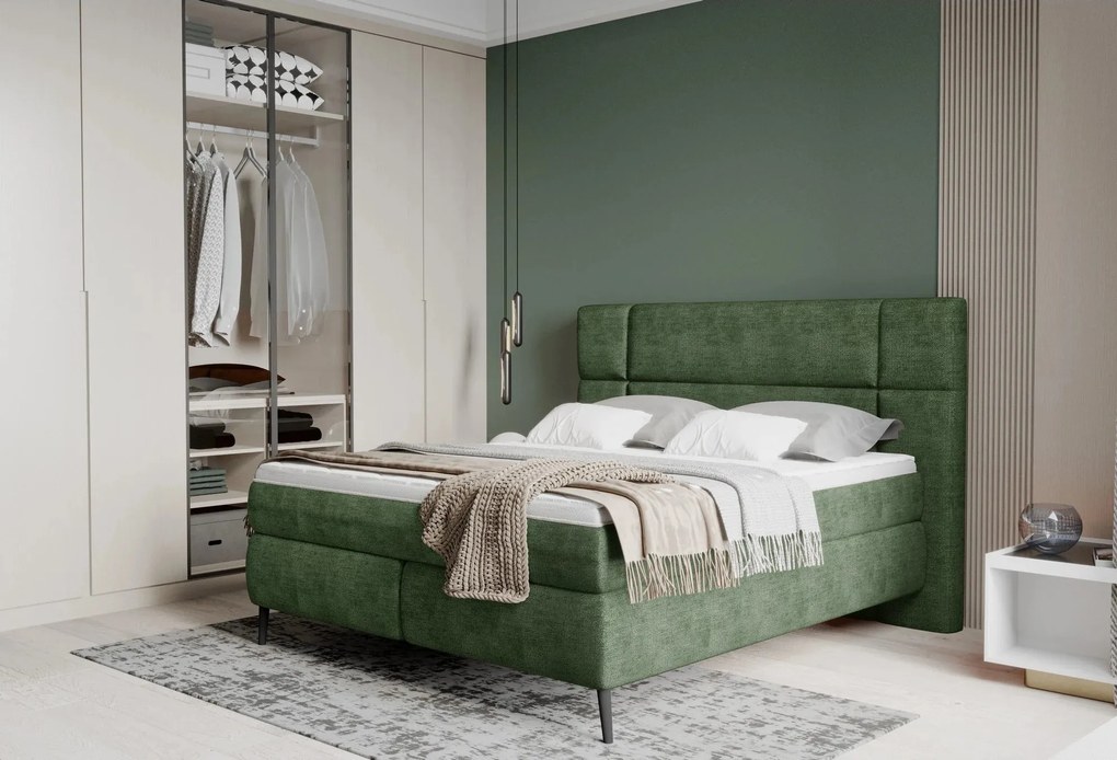 Pat tapitat boxspring LUCIO 180x200, stofa catifelata bej deschis - On