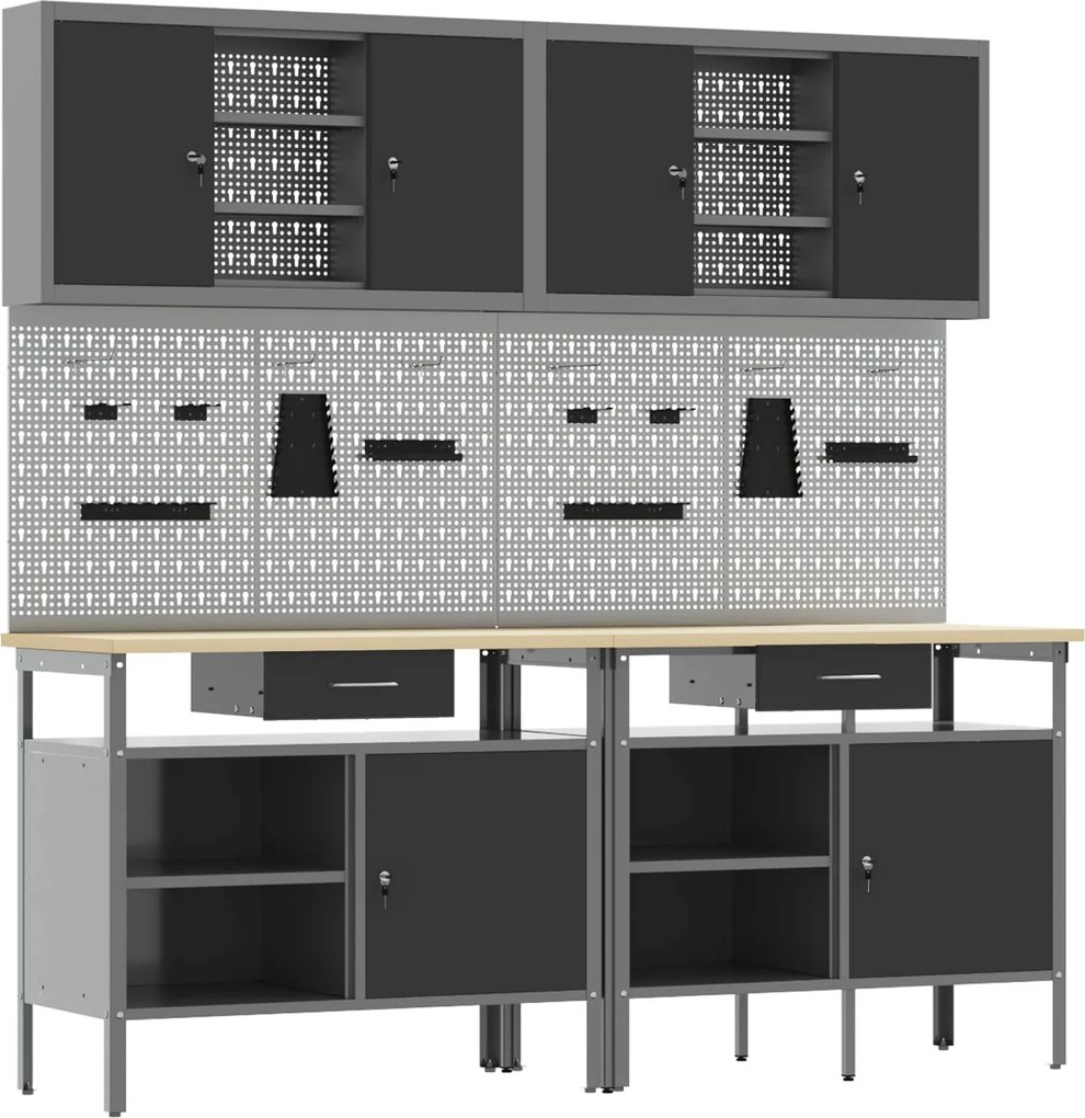 vidaXL Set banc de lucru 8 pcs Roșu și gri Oțel vopsit electrostatic