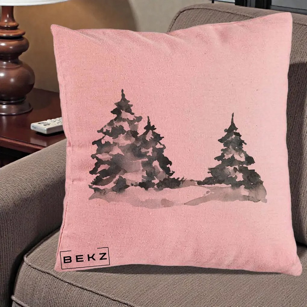 Perna Decorativa Brazi Inzapeziti Acuarela, 40x40 cm, Roz, Husa Detasabila, Perna Inclusa, BEKZ®