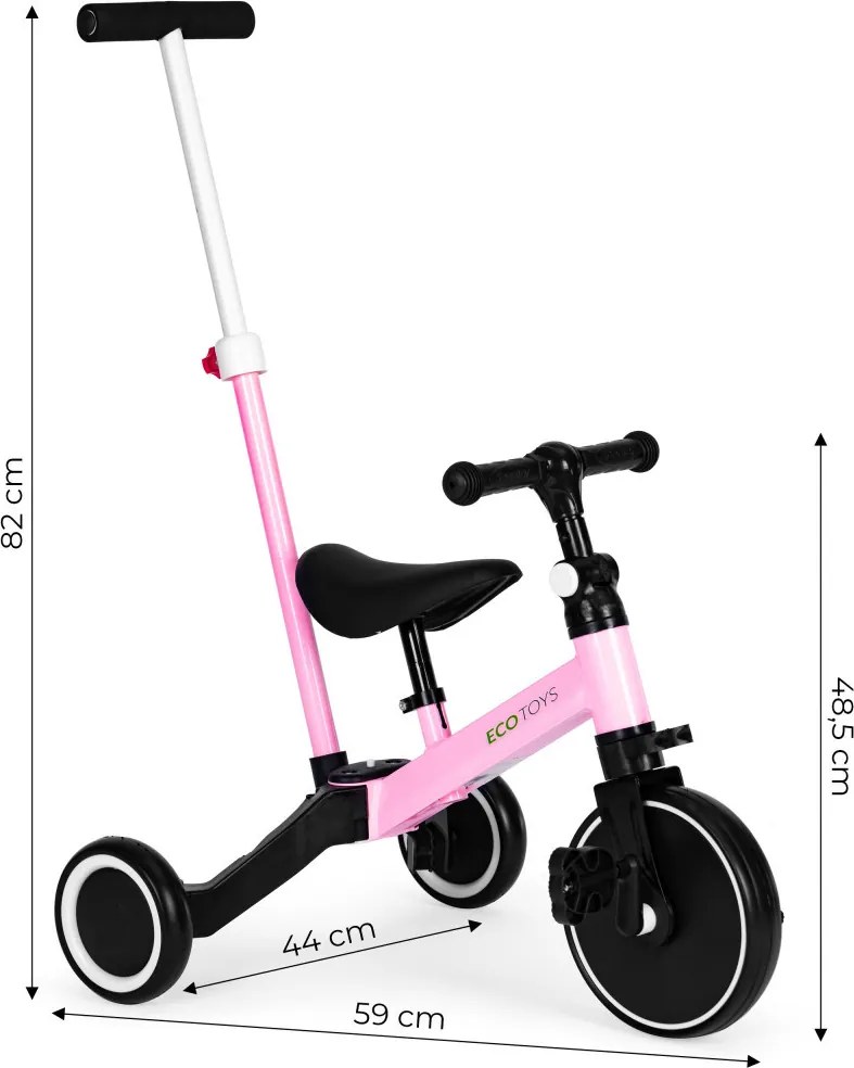 Triciclu cu mâner de împins 2 în 1 roz