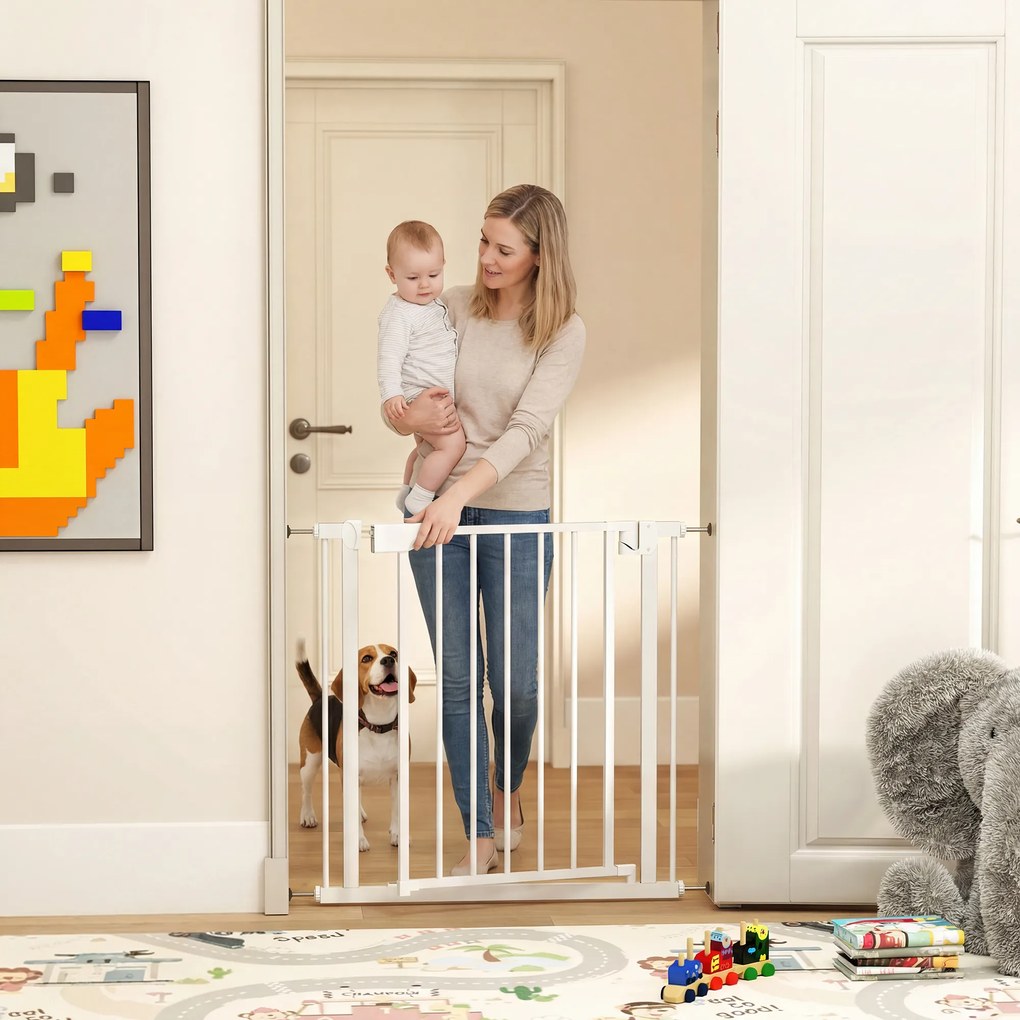 PawHut Poartă de Siguranță pentru Copii și Animale, Poartă pentru Câini cu Închidere Automată, Deschidere în Ambele Direcții, Montare prin Presiune, 76-82x76 cm, Alb | Aosom Romania