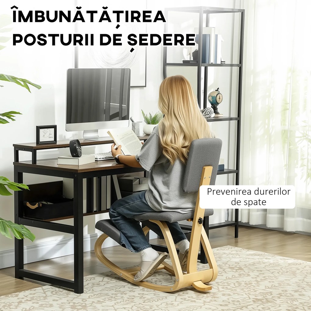 HOMCOM Scaun genunchi ergonomic, din lemn de mesteacăn, care permite o mișcare ușoară de leagăn, 51x84x93 cm, Gri | Aosom Romania