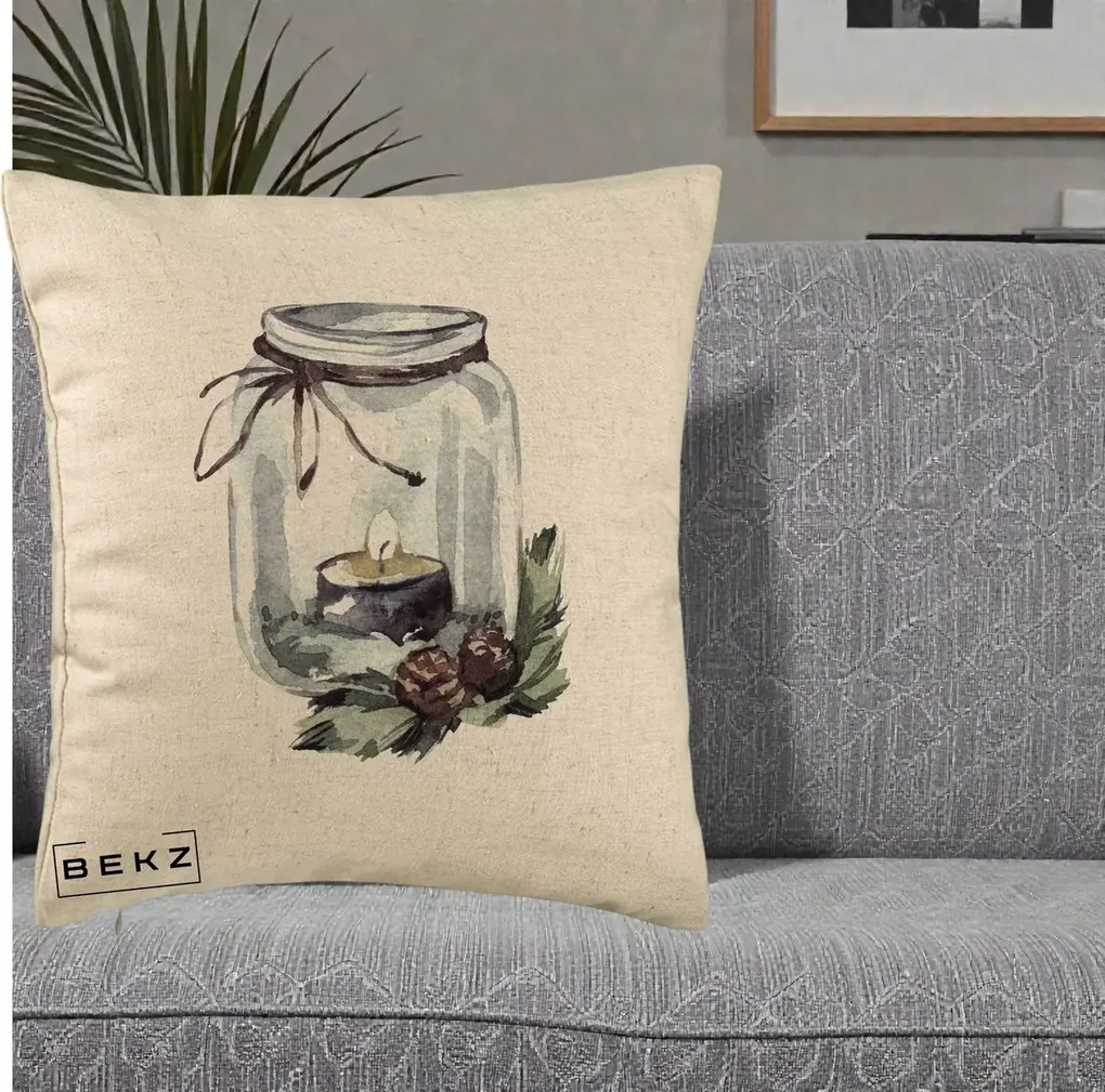 Perna Decorativa Felinar cu Lumanare si Conuri, 40x40 cm, Bej, Husa Detasabila, Perna Inclusa, BEKZ®