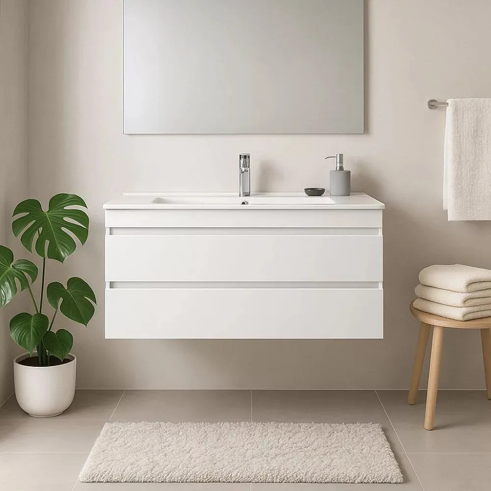 Mobilier de baie cu bază Cube 120, 1 lavoar ceramic, 2 sertare, vopsit în alb lucios