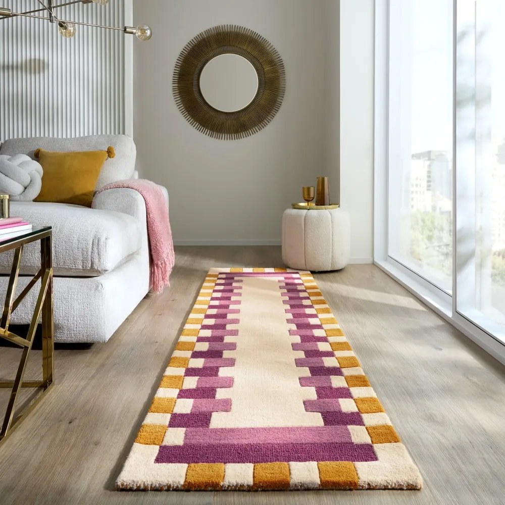 Covor tip traversă galben/roz țesut manual din lână 60x230 cm Kai Wool Border – Flair Rugs
