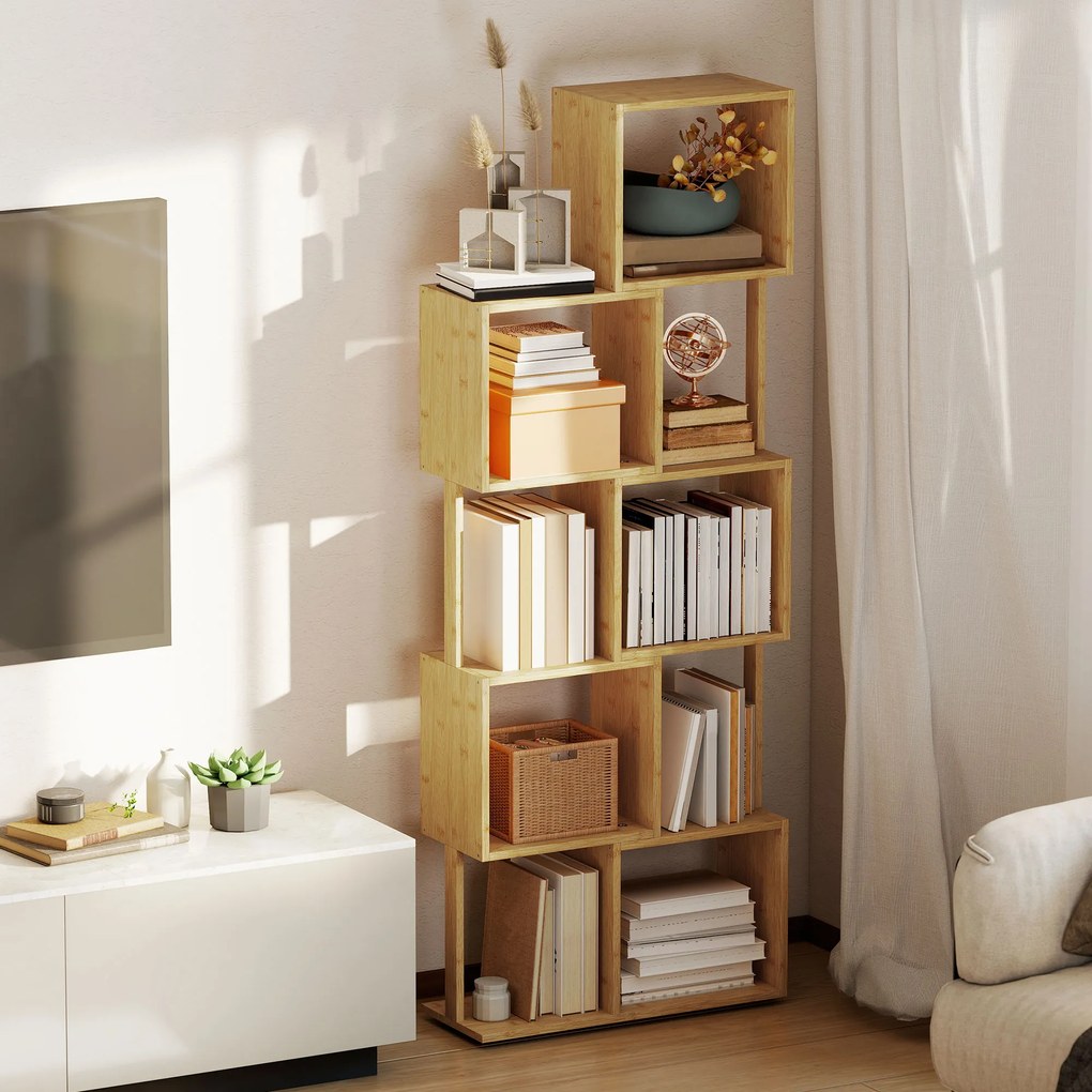 HOMCOM Librărie modernă și asimetrică cu 5 niveluri din bambus, 62.5 x 23 x 165 cm, lemn | Aosom Romania
