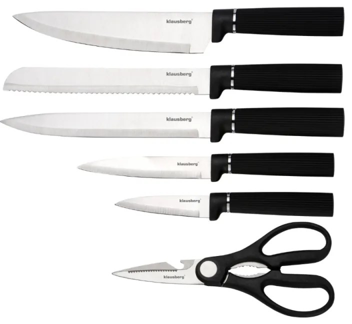 Set cuțite Klausberg KB 7977, 8 piese, Oțel inoxidabil, Suport, Suport hârtie de bucătărie, Negru