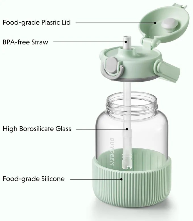Sticla Buydeem DG78-CG, Pai pop-up, Maner, Sticla rezistenta la caldura pana la 150°C, Etansare tripla, Verde