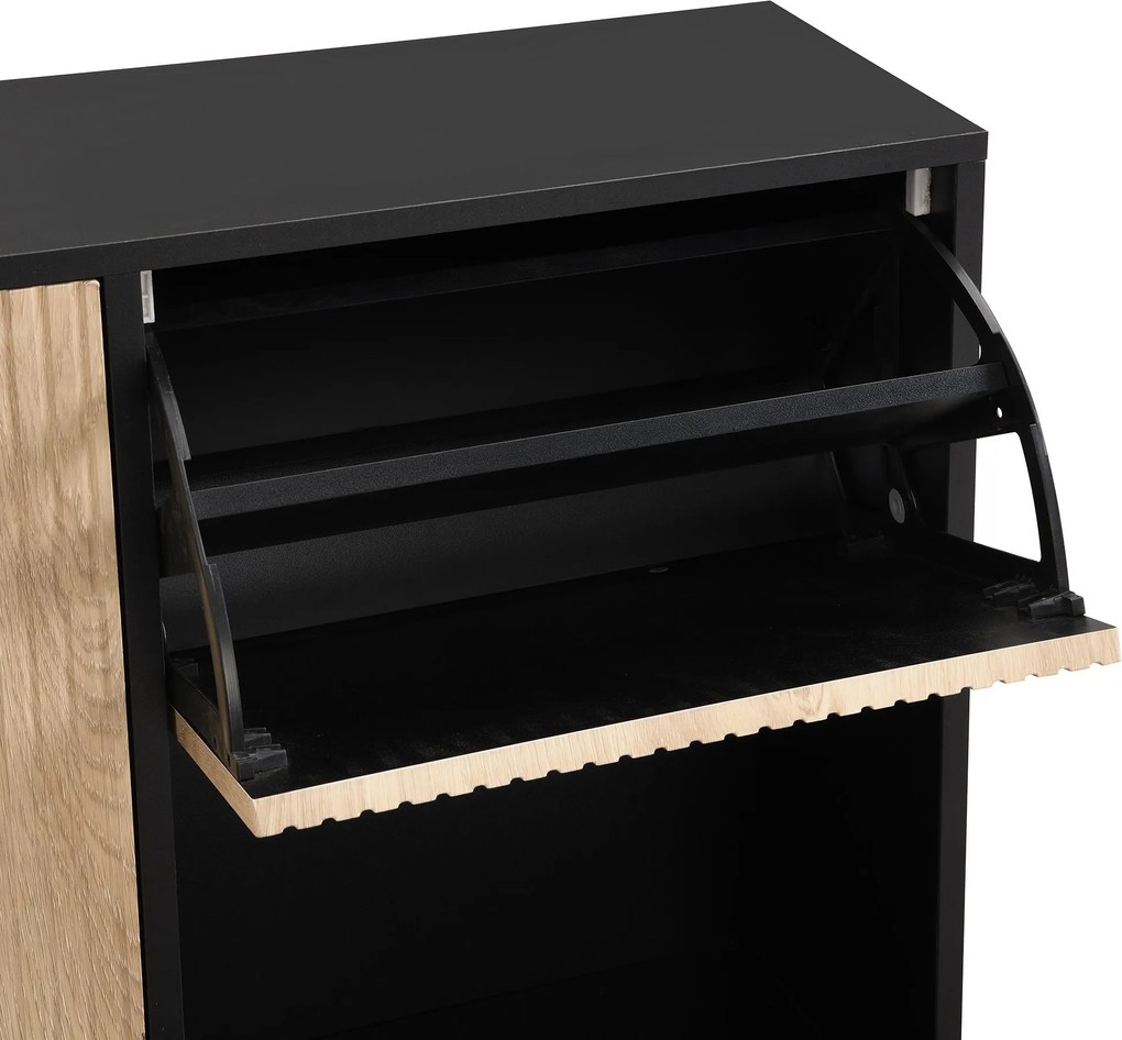 Dulap pentru pantofi cu taburet pentru schimbarea pantofilor, 3 compartimente cu suprafețe de depozitare, 100x25x100 cm, Negru+Culoare naturală