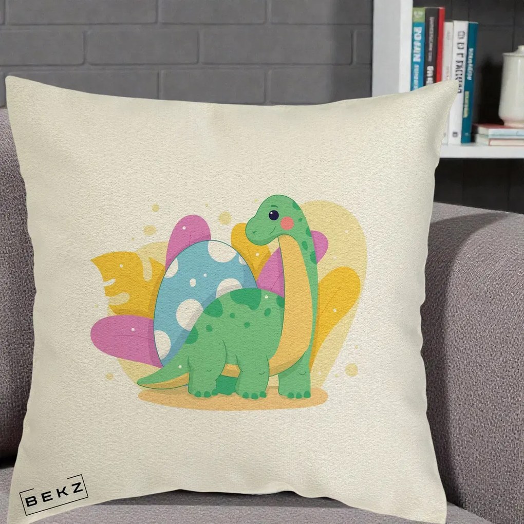 Perna Personalizata Dinozaur cu Ou Pastelat, 40x40 cm, Ecru, Husa Detasabila, Perna Inclusa, BEKZ®