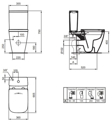 Rezervor pe vas WC Ideal Standard I.life A cu alimentare inferioara alb lucios