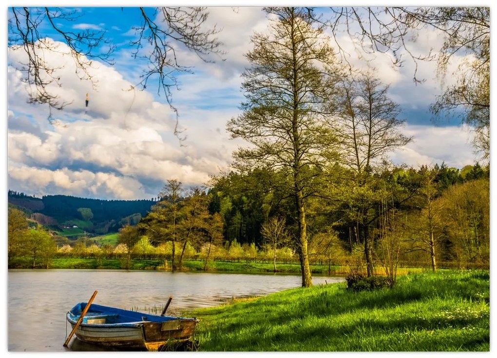 Tablou pe sticlă - Barcă pe lac (70x50 cm)