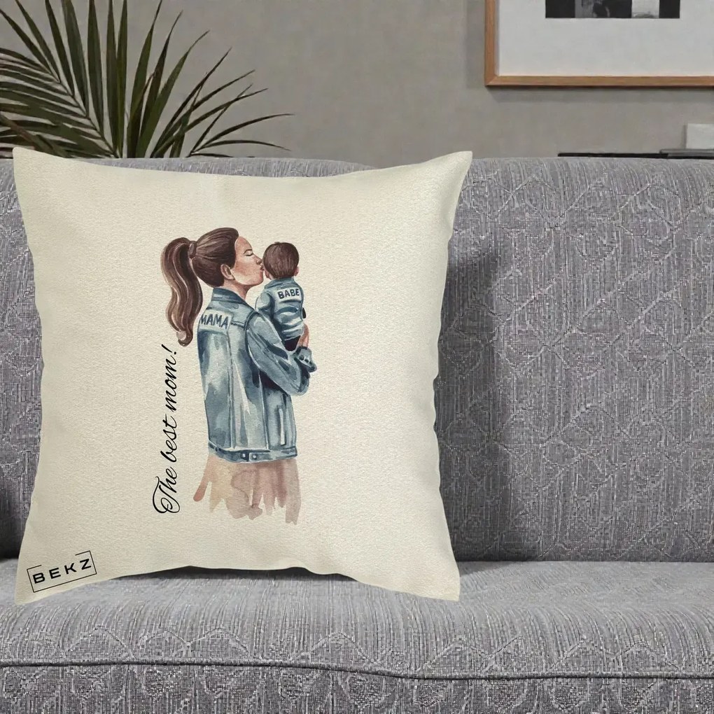 Cadou pentru Mama - Perna Personalizata The Best Mom Jachete, 40x40 cm, Ecru, Husa Detasabila, Perna Inclusa, BEKZ®