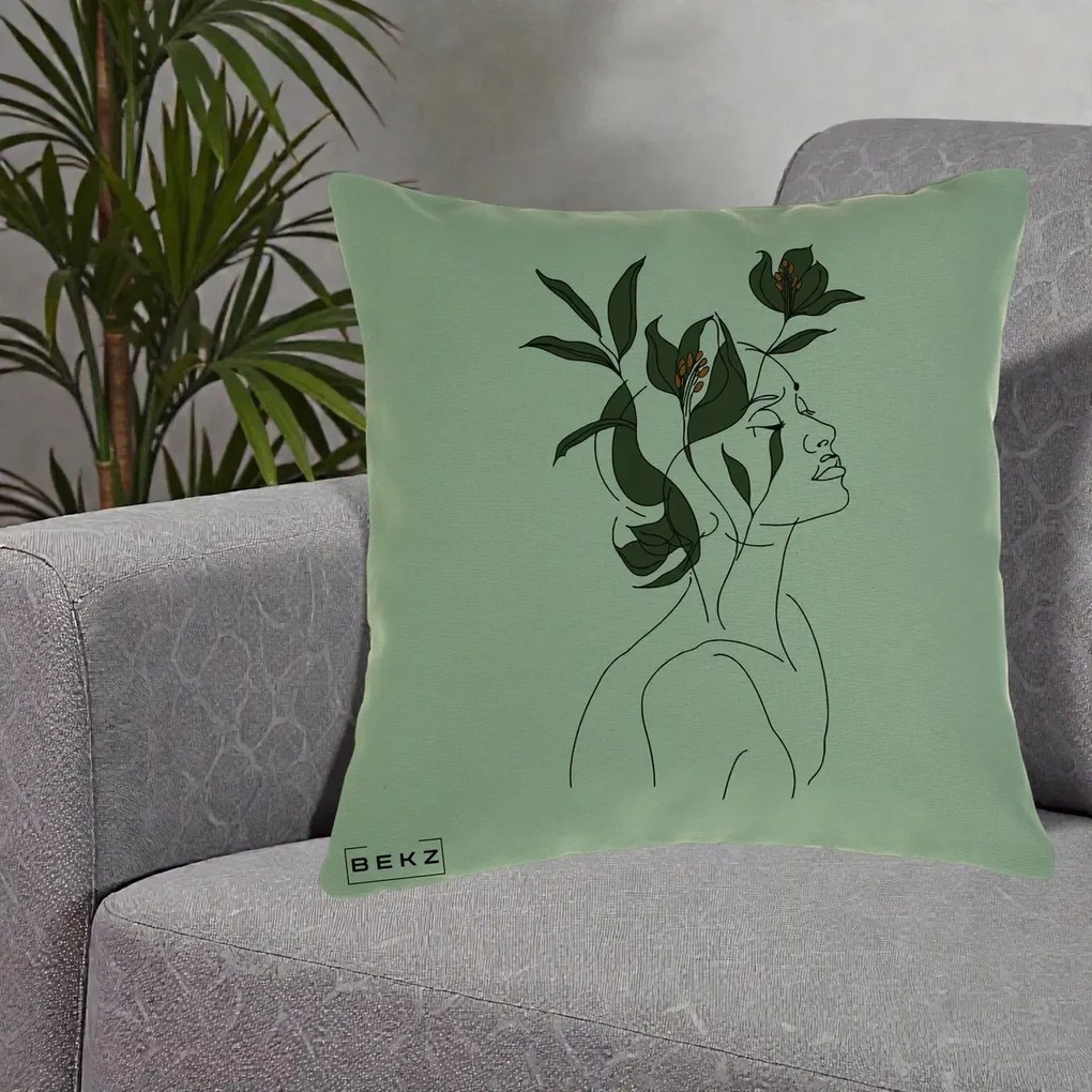 Perna Decorativa Portret Feminin Crin Verde, 40x40 cm, Verde, Husa Detasabila, Perna Inclusa, BEKZ®