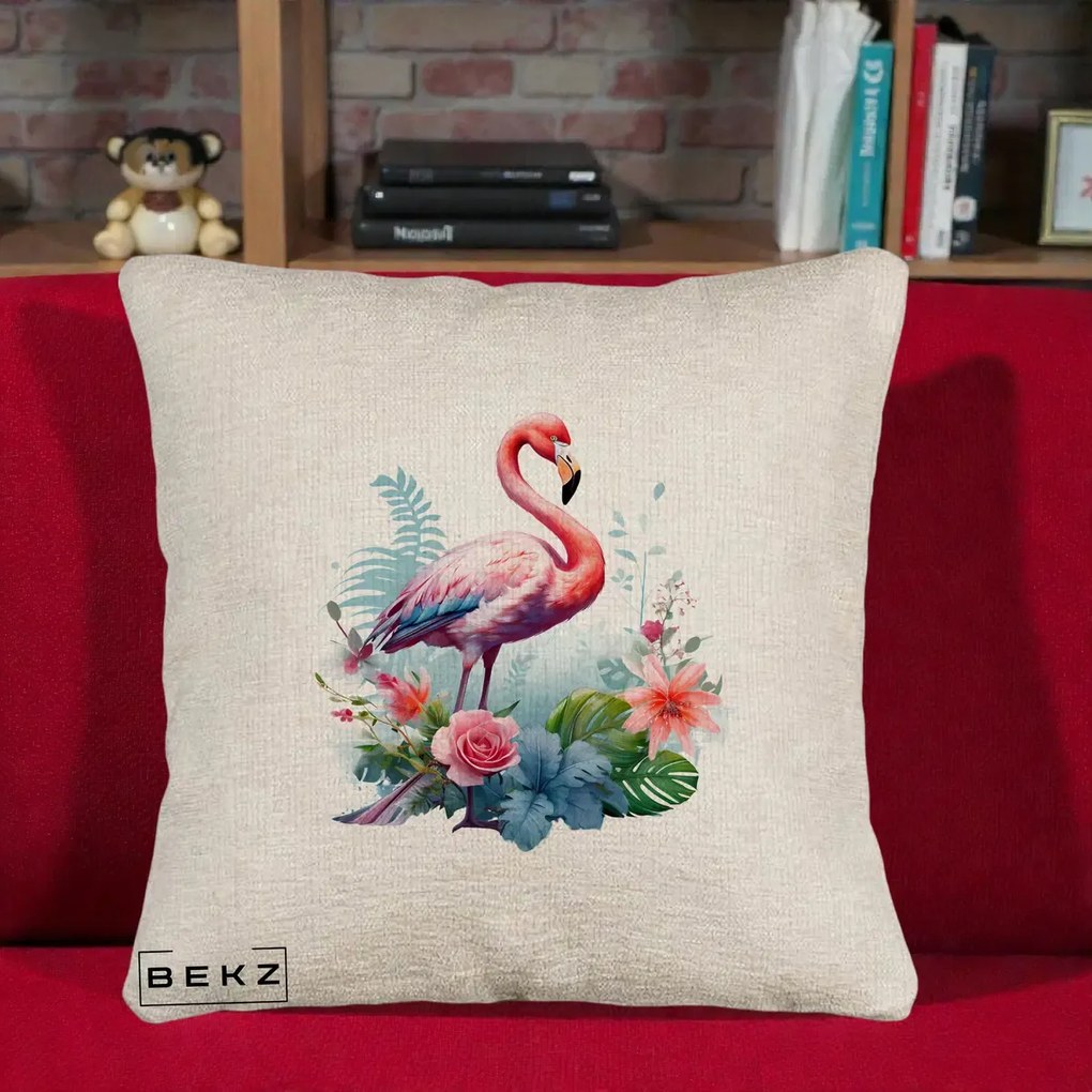 Perna Decorativa Flamingo cu Flori Tropicale Acuarela, 40x40 cm, Bej Canapea, Husa Detasabila, Perna Inclusa, BEKZ®