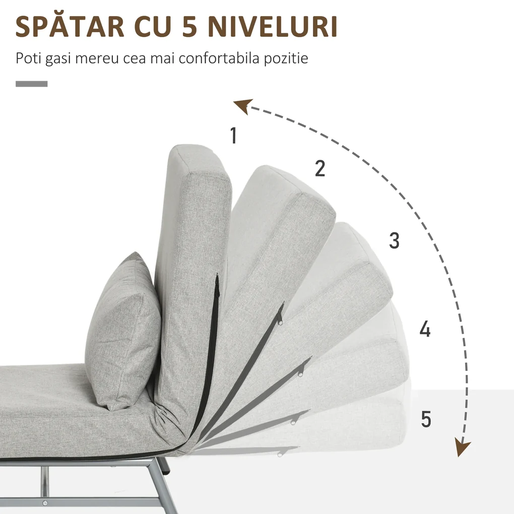 Fotoliu-pat single cu spatar rabatabil pe 5 niveluri si perna suplimentara, din Tesatura si Metal, 73x74x81cm, Gri HOMCOM | Aosom RO