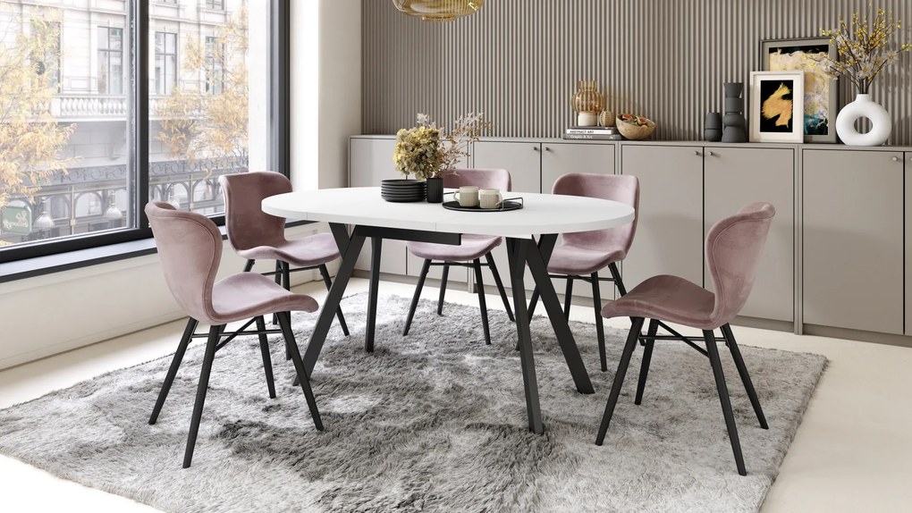 Mazzoni ALMO Alb Mat/picioare negre - MASĂ ROTUNDĂ EXTENSIBILĂ CU PICIOARE ÎN FORMĂ DE Y STIL LOFT PENTRU SALON/SUFRAGERIE