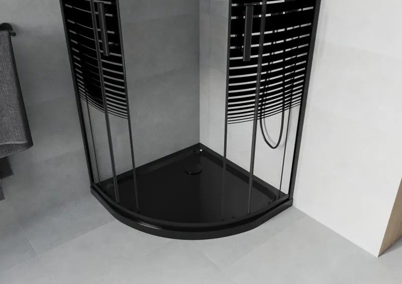 Mexen Rio cabina de duș semicirculară 80 x 80 cm, benzi negre, neagră + cadă de duș Flat, neagră - 863-080-080-70-20-4170B