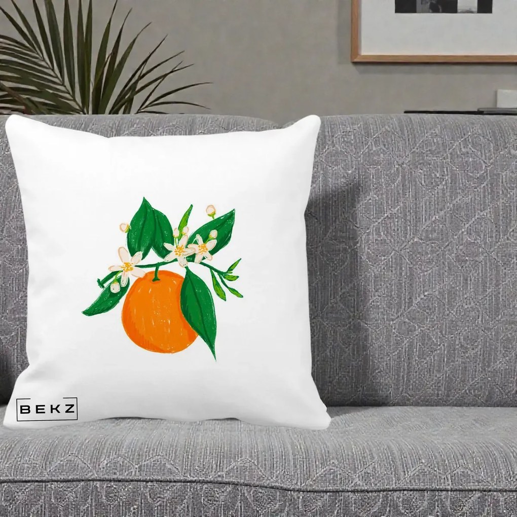 Perna Decorativa Portocala in Floare, 40x40 cm, Alba Mata, Husa Detasabila, Perna Inclusa, BEKZ®