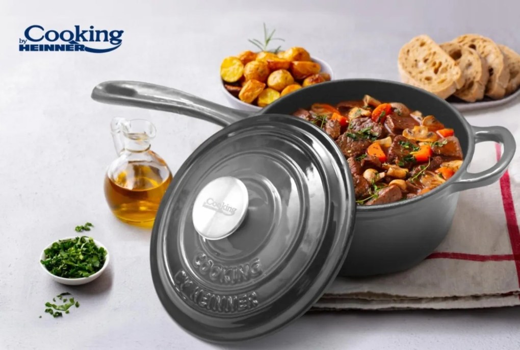Oală din fontă emailată cu capac 19x9 cm, 1.8L – Cooking by Heinner, Marble Grey HR-ZVC-C19, ideală pentru cuptor și plite cu inducție