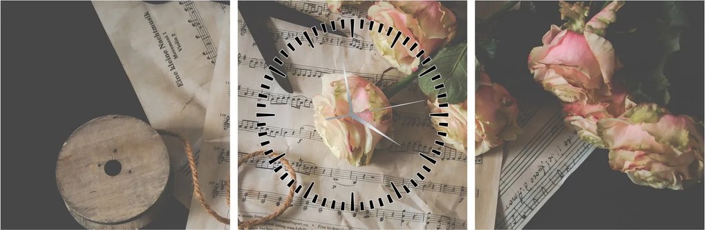 Tablou cu note muzicale și trandafiri (cu ceas) (90x30 cm)