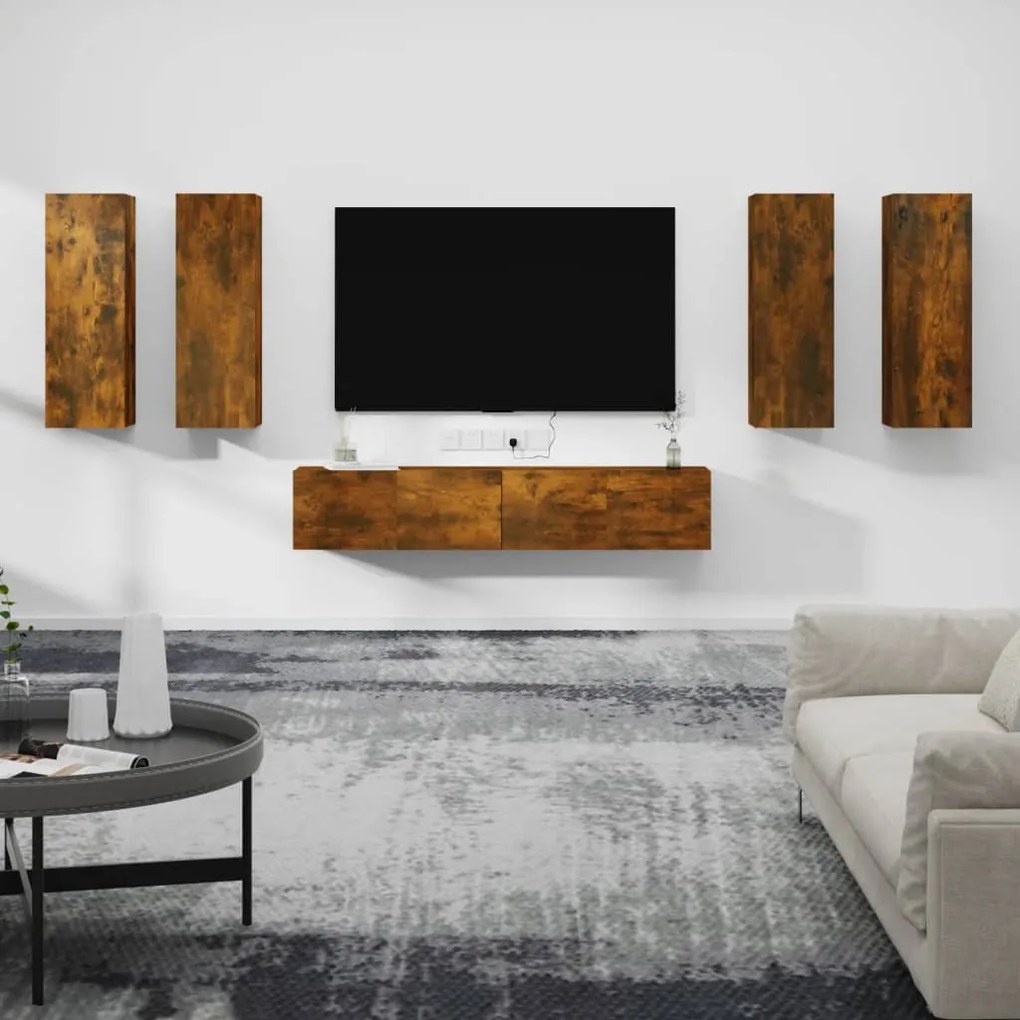 3114347 vidaXL Set dulapuri TV, 6 piese, stejar fumuriu, lemn prelucrat