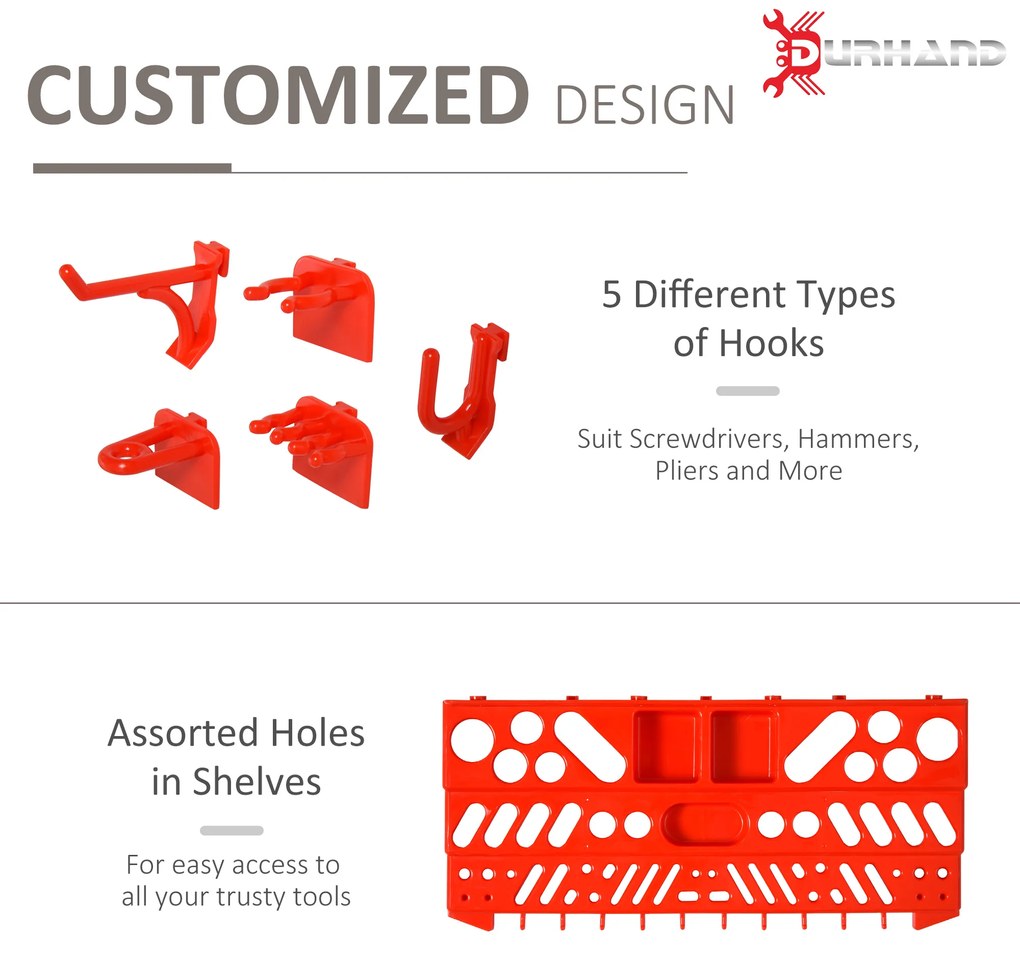 DURHAND Organizator de Scule de Perete 54 Bucăți cu 50 Cârlige, Cutie pentru Depozitare Scule Roșu Gri | Aosom Romania