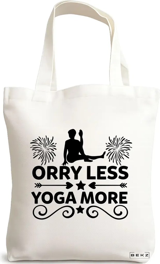 Sacosa de Panza pentru Cumparaturi, Geanta Tote Yoga Orry less yoga more, 38x34.5 cm, Alba, BEKZ®