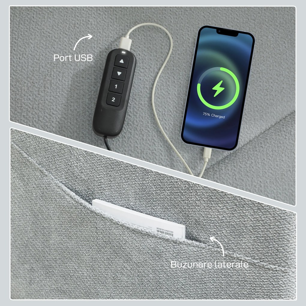 HOMCOM Fotoliu Electric Reclinabil 150° cu Suport pentru Picioare, Port USB, Fotoliu Reclinabil Silențios, Sezut Larg, Telecomandă, Funcție Memorie, din Catifea, pentru Living, Gri | Aosom Romania