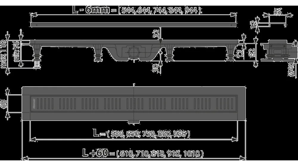 Rigola dus iesire laterala cu capac perforat negru mat 650 mm APZ10BLACK-650M 650 mm