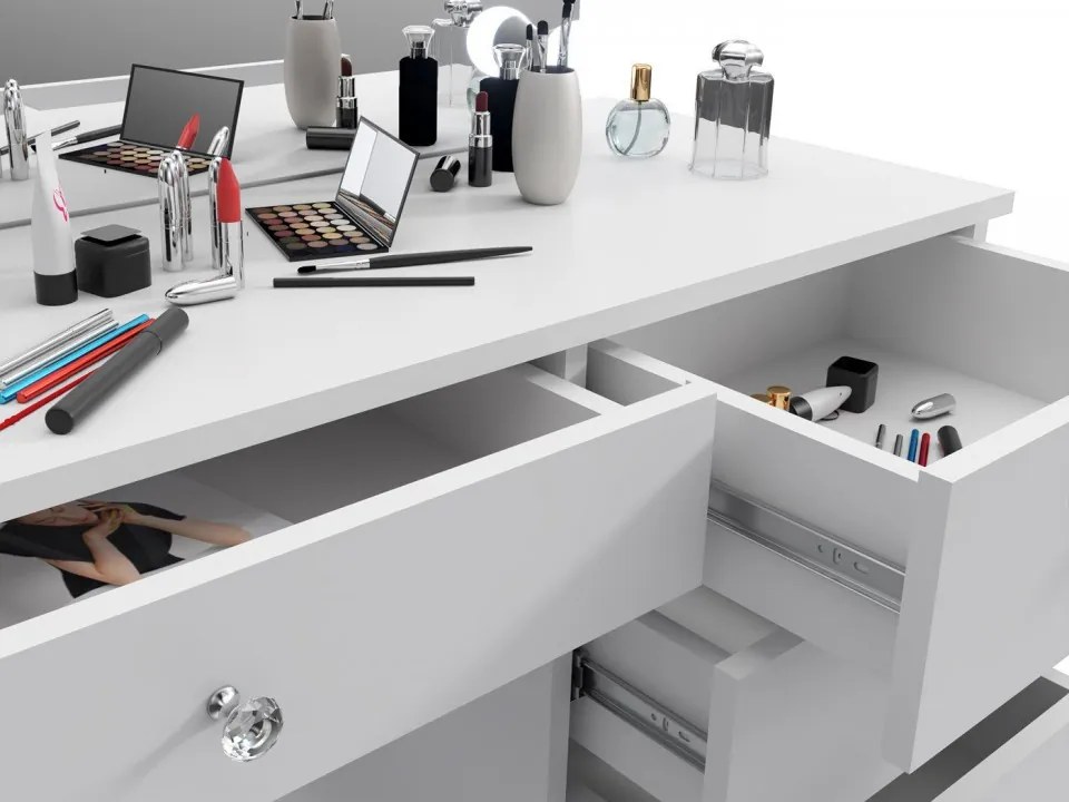 SEA533 - Set Masa toaleta, 110 cm, cu manere tip Cristal, masuta cosmetica machiaj, vanity cu sau fara scaun, oglinda cu LED-uri - Alb