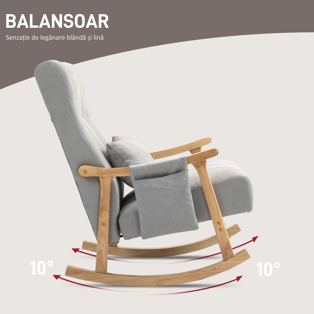 HOMCOM Fotoliu cu balansoar cu pernă lombară, șezut larg, ramă din lemn, până la 120 kg, Gri | Aosom Romania
