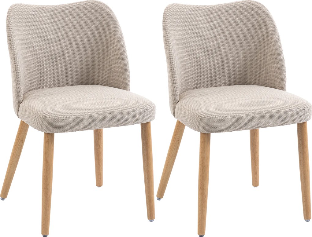 HOMCOM Set de 2 Scaune de Masă Moderne, Scaune de Bucătărie cu Tapițerie din In, Șezut Imbătut, Spătar Curbat, Picioare din Lemn de Cauciuc, Ușor de Asamblat, Alb Crem | Aosom Romania