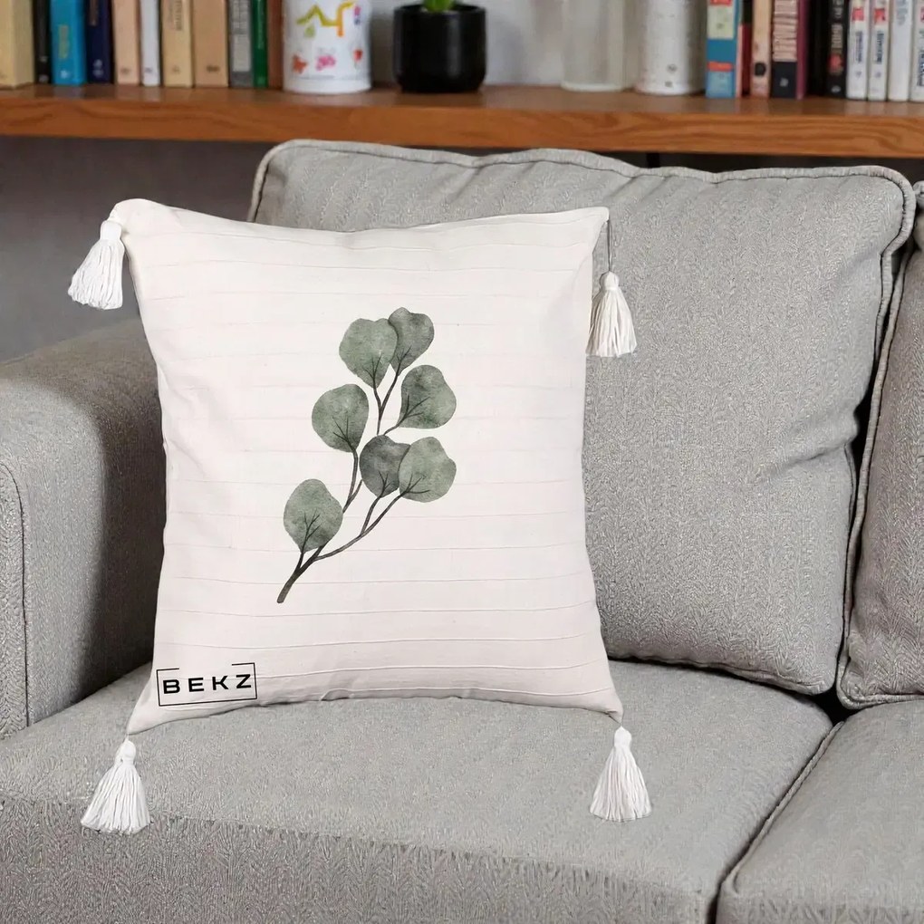 Perna Decorativa Ramura Eucalipt Acuarela, 40x40 cm, Bej cu Franjuri, Husa Detasabila, Perna Inclusa, BEKZ®